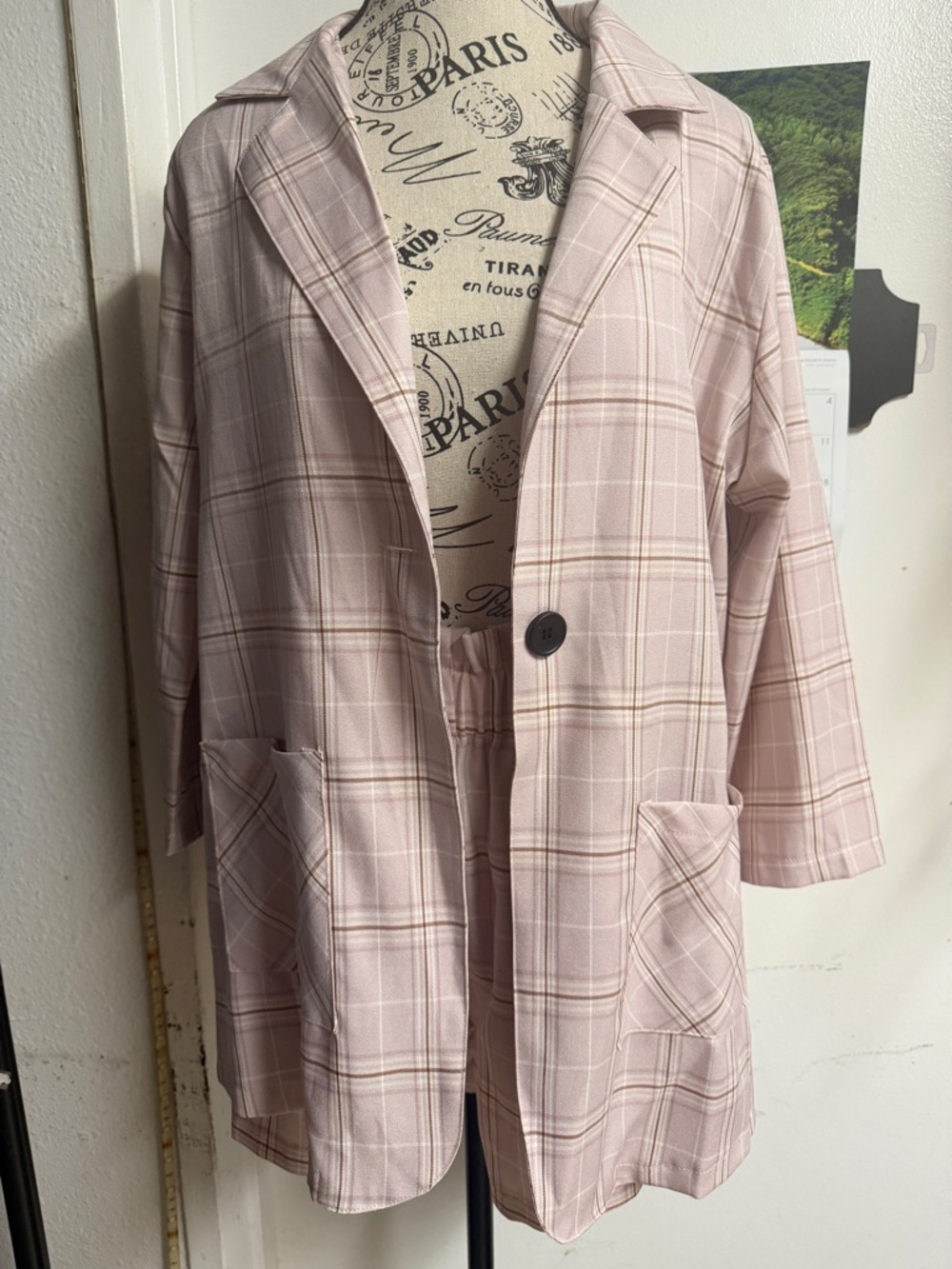 SHEIN Pink Plaid Open Blazer Jacket